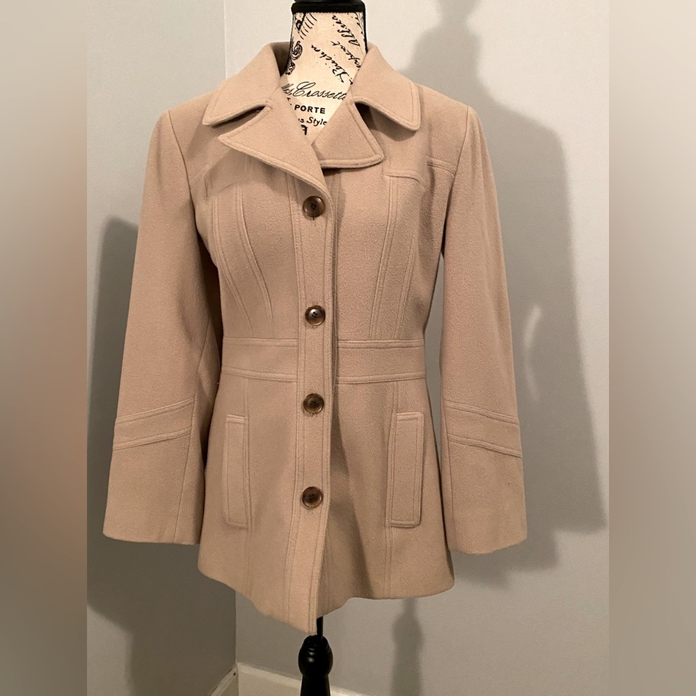Anne Klein Tan Wool Peacoat, sz Small
